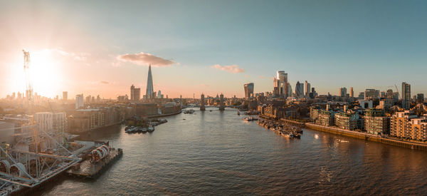 Aerial view of the london tower bridge at sunset.