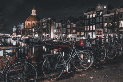 Bicycles in city at night