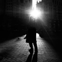 People walking on city street during sunset