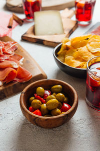 High angle view of fruits in bowl on table