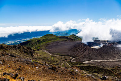 Panoramic view of volcanic landscape against sky