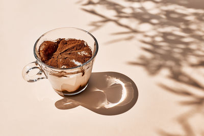Traditional italian dessert tiramisu in a glass cup on a light beige background with leaves shadows