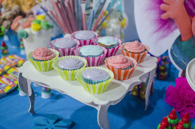 Close-up of hand holding ice cream served on table