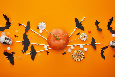 Directly above shot of fruits on yellow background