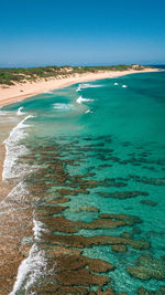 Scenic view of sea against clear blue sky