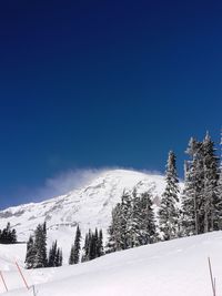 Snow covered mountains against blue sky