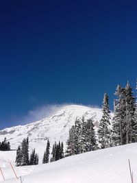 Snow covered mountains against blue sky