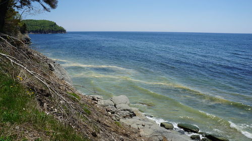 Scenic view of sea against clear blue sky