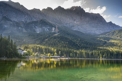 Scenic view of lake and mountains against sky