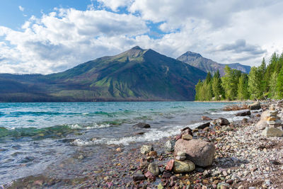 Scenic view of sea and mountains against sky