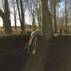 Man walking on bare tree in forest