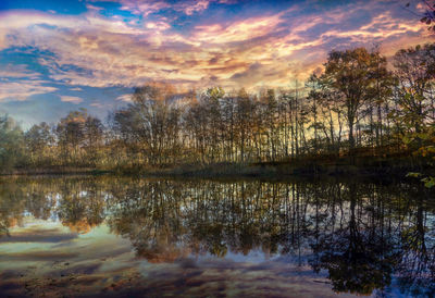 Scenic view of lake against sky at sunset