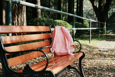 Backpack on bench at park