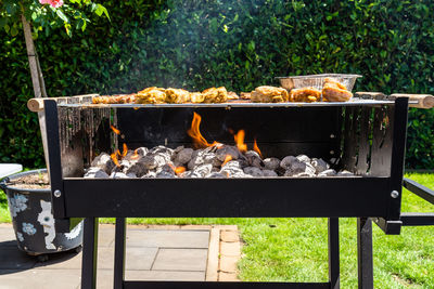 Different types of meat fried on the home grill, standing on a home garden on the paving stone.