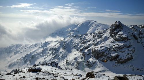 Scenic view of snow covered mountains against sky