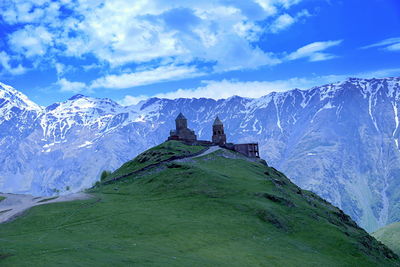 Tsminda sameba it is one of the most famous churches in georgia its image with that of mount kazbegi