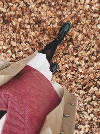 Low section of man with umbrella on autumn leaves