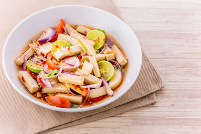 High angle view of food in plate on table