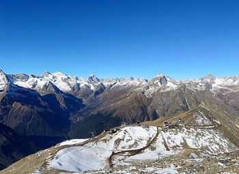 Scenic view of snowcapped mountains against clear blue sky