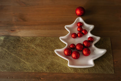 High angle view of strawberries on table