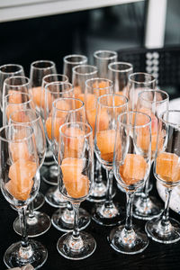 Elegant champagne glasses with sorbet for catering event. rows of champagne glasses 