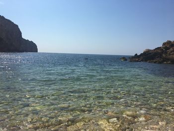 Scenic view of sea against clear blue sky