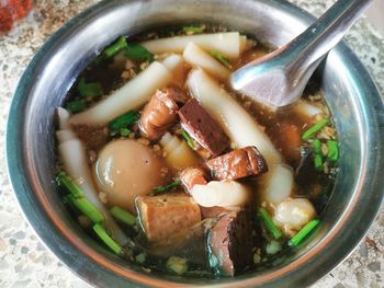 High angle view of soup in bowl