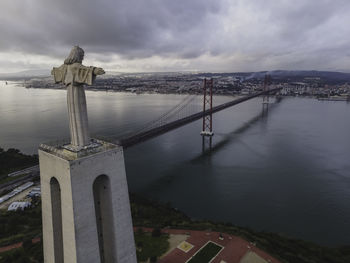 Bridge over sea against buildings