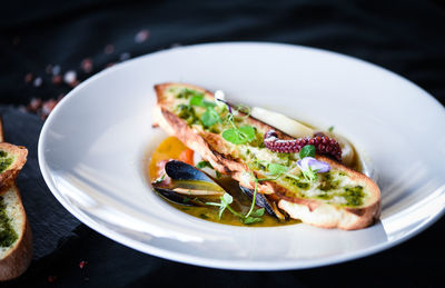 High angle view of food served in plate