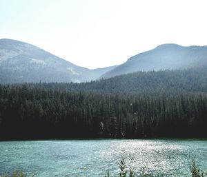 Scenic view of lake and mountains against clear sky