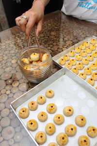 High angle view of person preparing food