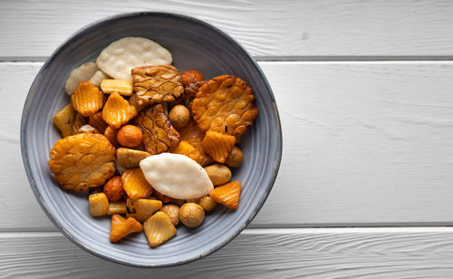 High angle view of breakfast in bowl on table