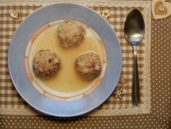 High angle view of breakfast served on table