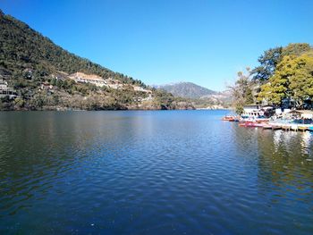 Scenic view of sea against clear blue sky