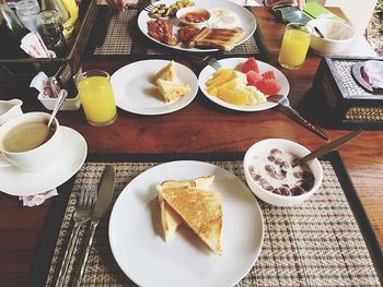 Close-up of breakfast served on table