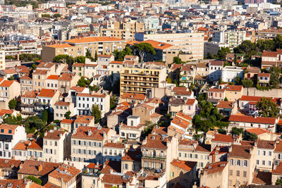 High angle view of buildings in city