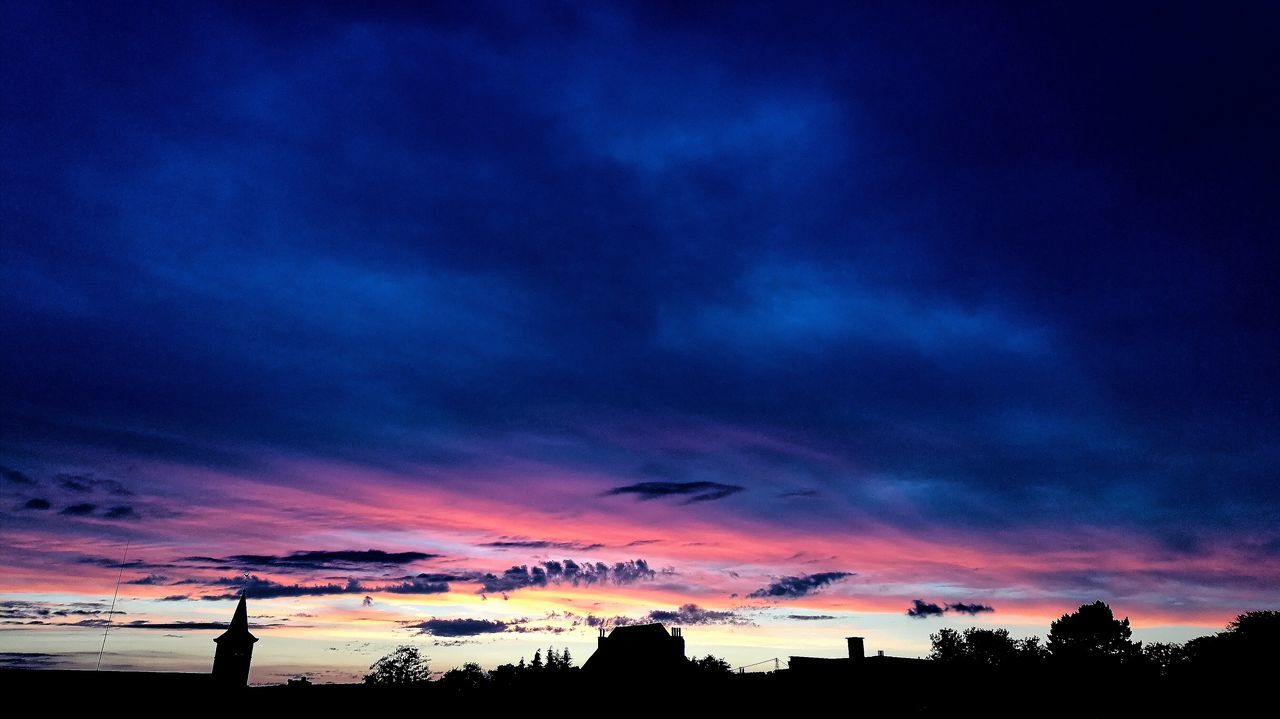 sunset, silhouette, beauty in nature, dramatic sky, cloud - sky, nature, scenics, sky, tranquil scene, tranquility, tree, no people, outdoors, building exterior, architecture