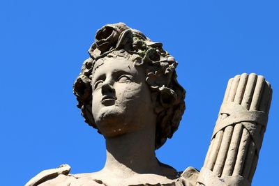 Low angle view of statue against clear blue sky