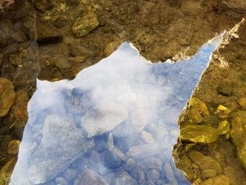 High angle view of ice on rocks