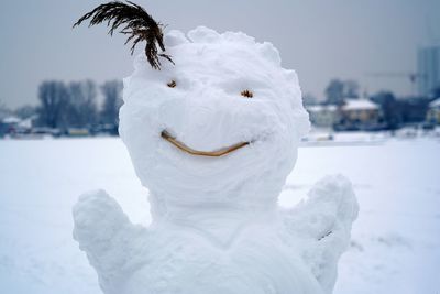 Close-up of snowman on field