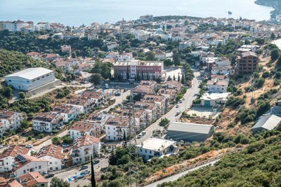 High angle view of townscape and trees in city