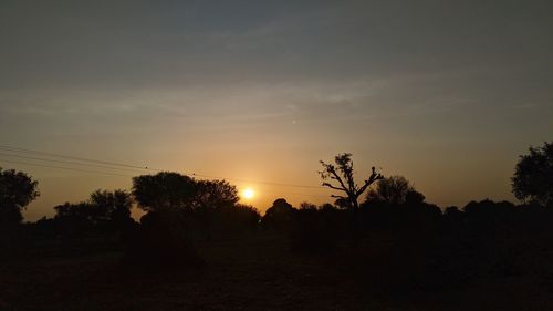 Silhouette trees on field against sky at sunset