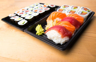 High angle view of sushi served on table