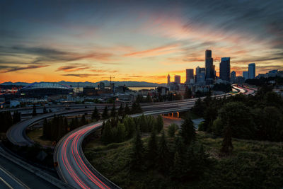 High angle view of city against sky during sunset