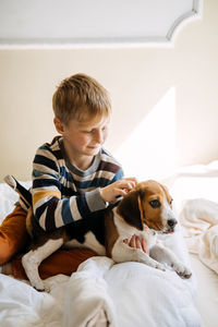 Best dog breeds for kids, good family dogs. introducing puppies and children. cute little beagle 