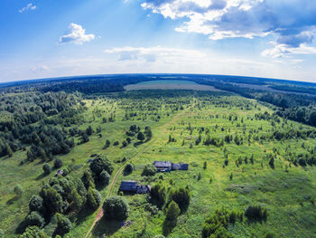 Scenic view of agricultural field against blue sky