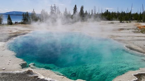 Scenic view of waterfall against sky