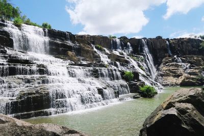 Scenic view of waterfall against sky