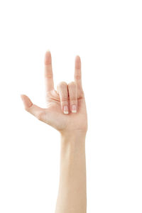 Close-up of human hand against white background
