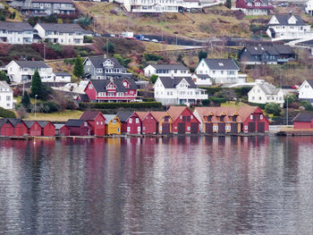 Buildings by lake